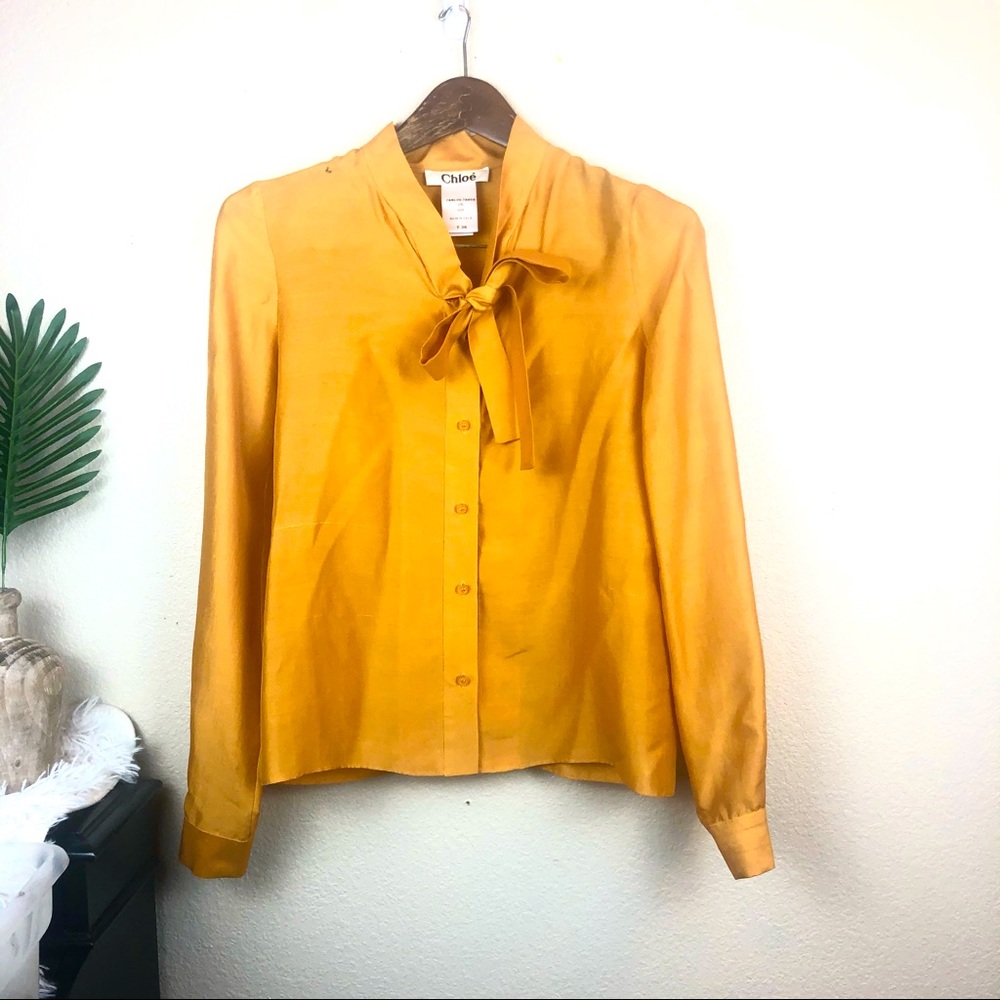 Chloe Golden Mustard Bow Silk Blouse Top SMALL